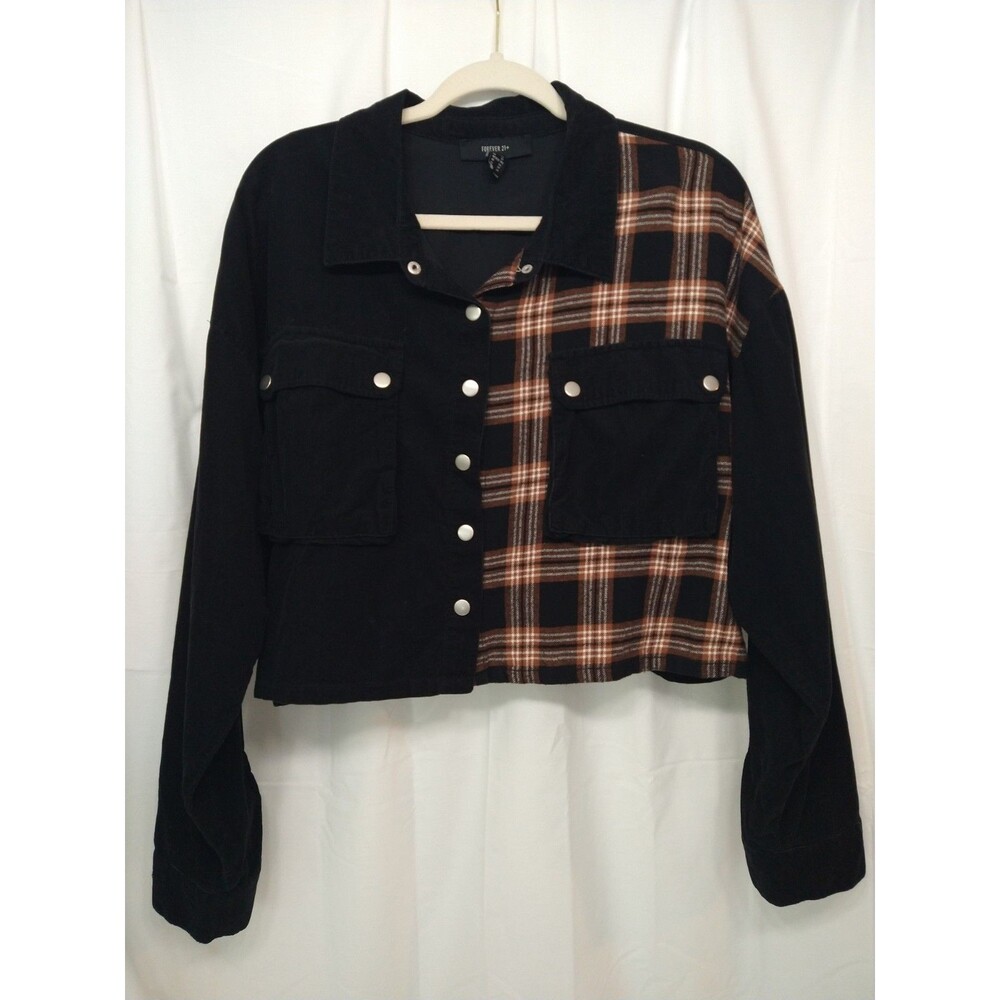 Forever 21 Size 3X Brown Black Plaid Cropped Button Down Flannel Boyfriend Shirt